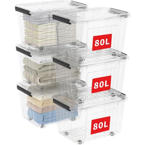 80L6 Boîtes de Rangement avec Couvercles, Boîte de Rangement en Plastique avec Clips et Roulettes, Empilables, Encastrables, pour Placard de Bureau à Domicile, Transparent, 80L, Lot de 6 (1/5)