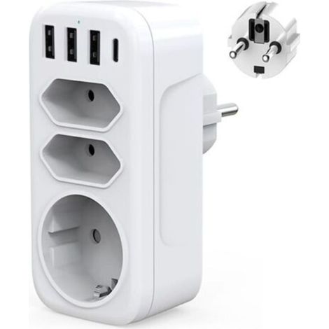 Multiprise Murale USB C Adaptateur Prise Electrique 4000W Chargeur USB Multiple avec 3USB + Type c, 1 Prise Schuko et 2 Prises Euro pour Maison,Cuisine et Bureau (1/4)