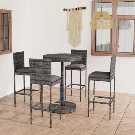 Ensemble Table de bar + 4 Chaises de bar de jardin - Table Haute avec 4 Tabourets et coussins Résine tressée Gris BV157222 - BonneVie (1/5)