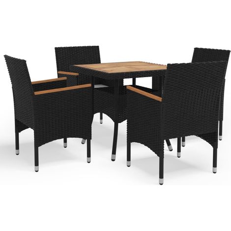 5-tlg. Garten-Essgruppe Schwarz Poly Rattan und Akazienholz