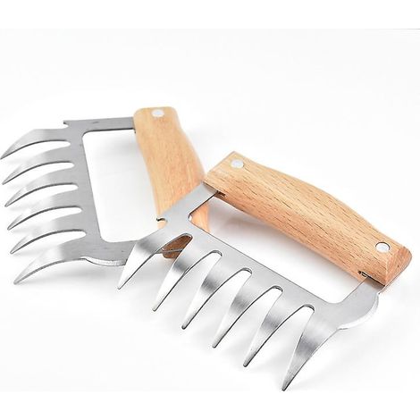 Hachoirs à viande en acier inoxydable en forme de griffe d'ours - Lot de 2 avec manches en bois - Outils de barbecue multifonctionnels - Accessoire idéal pour diverses viandes (1/4)
