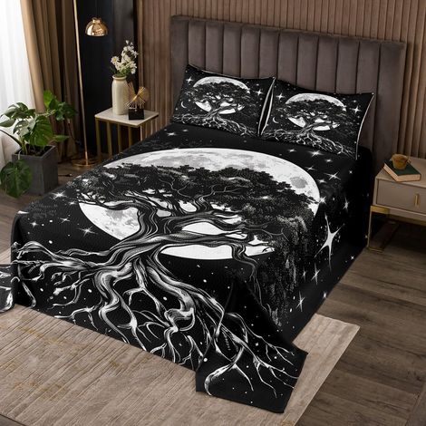Couvre-Lit 2 Personnes Arbre de Vie, Dessus de Lit 260x240 Adulte Arbres Noir et Blanc, Couverture de Lit Soleil et Lune pour Femme Fille, Jetés de Lit Gothique Exotique (1/4)