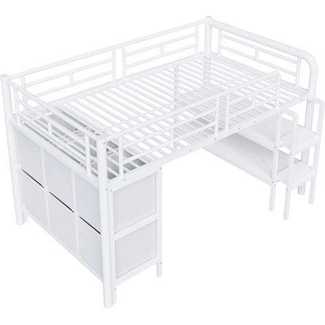 Cama alta infantil 90x200 cm de metal blanco con almacenamiento y escalera ancha (1/5)