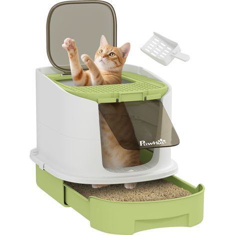 Casetta igienica per gatti, lettiera chiusa con porta traslucida e paletta inclusa, 40,5 x 52,5 x 42,5 cm, verde (1/5)