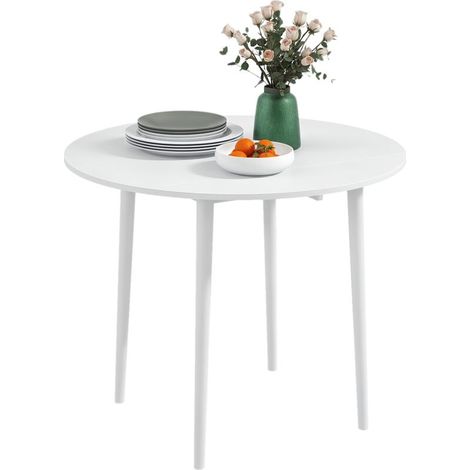 Table de salle à manger pliante 2 abattants, table ronde extensible pour 4 personnes, pieds en bois Ø 89 x 73,5 cm, blanc (1/4)