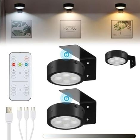 Lot de 3 lampes LED sans fil pour tableaux, rechargeables par USB, éclairage doré pour cadres photo avec télécommande, 3 températures de couleur, lampe à fléchettes à intensité variable, aimantée avec (1/4)