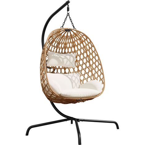 Chaise suspendu Magistra, Crème + Noir, 195x105x105cm, Tissu, Métal, Osier plastique