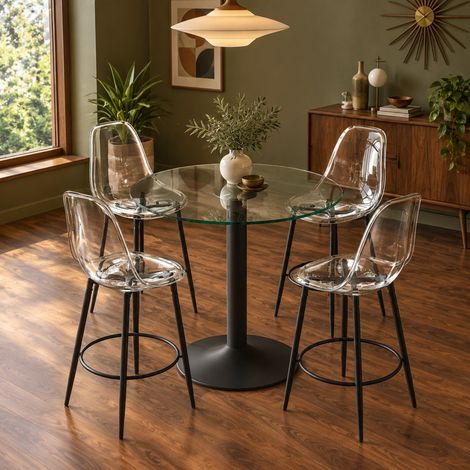 Set tavolo bar Ø89 cm in vetro e metallo nero trasparente con 4 sgabelli salvaspazio – MEUBLIV (1/5)