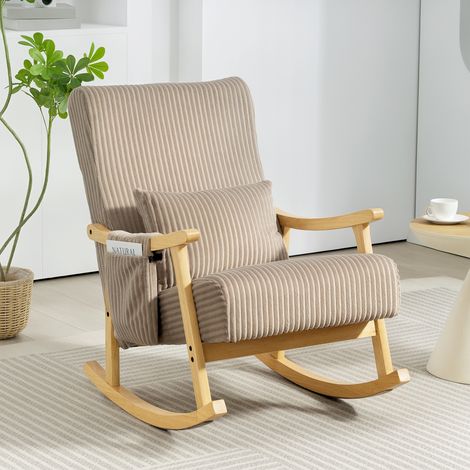 Silla Mecedora de Pana con Cojín Lumbar Patas y Reposabrazos de Madera de Caucho Bolsillo Estilo Moderno Marrón Claro (1/5)