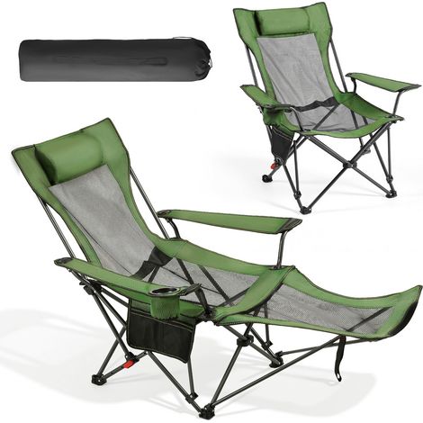 Campingstuhl faltbar, Liegestuhl mit 4 verstellbaren Positionen, Relaxsessel Liege mit Getränkehalter, Netz-Strandstuhl mit Kopfstütze & Fußstütze, trägt 100 kg, für Outdoor Camping, grün (1/5)