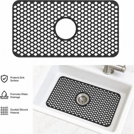 Tapis d'évier en silicone 24"x13", protecteur d'évier pour évier de cuisine, grille d'évier pour le fond d'évier de type farmhouse en acier inoxydable, porcelaine avec vidage central (noir) (1/5)
