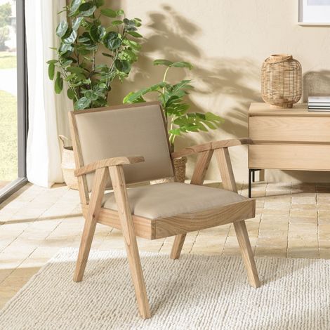 DAK - Fauteuil en bois de Mindi assise en tissu beige texturé (1/5)