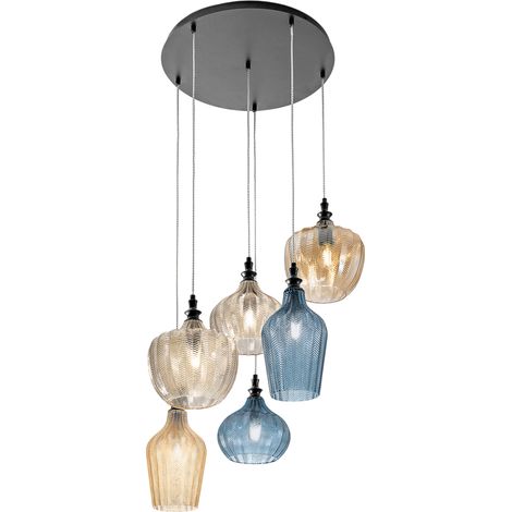 Cleofe - Lampadario a sospensione 6 luci con vetri ambra, ocra e cobalto - 6XE27 max 6X60W, design moderno elegante, IP20 (1/3)