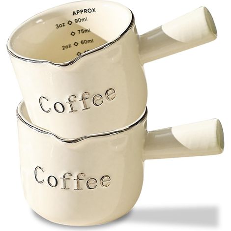 Tazas de espresso de cerámica con pico y asa en forma de V, jarra medidora de café de 90 ml (2 piezas de color beige) (1/5)