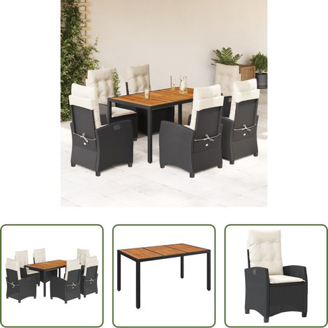 vidaXL Gartenstuhl -  7-tlg. Garten-Essgruppe mit Kissen Schwarz Poly Rattan (1/5)
