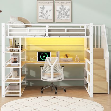 Lit surélevé en métal 140x200 cm blanc, avec échelle, bureau intégré, tiroirs de rangement, station USB et éclairage LED
