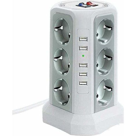 Multiprise parafoudre 12 prises + 5 USB blanc - Alimentation électronique - Maison/bureau - 3 interrupteurs, anti-surtension - Ménages et bureaux