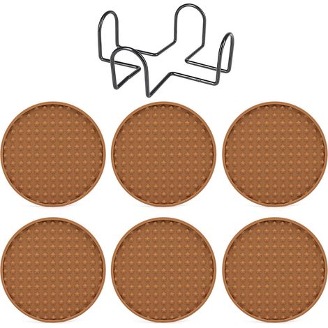 Juego de 6 posavasos de silicona con soporte, ideal para mesa de centro, tazas, escritorio, bar, oficina, etc. - Color café (1/5)