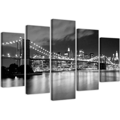 Quadri Quadro 5 pezzi Stampa su tela Ponte di New York in bianco e nero - 200x100 (1/5)