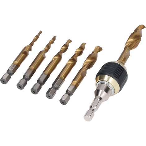 Satz von 7 HSS-Schnellstahl-Spiralbohrern und Gewindebohrern, 1/4-Zoll-Sechskantschaft, Titanbeschichtung, für präzises Gewindeschneiden in harten Metallen. (1/5)