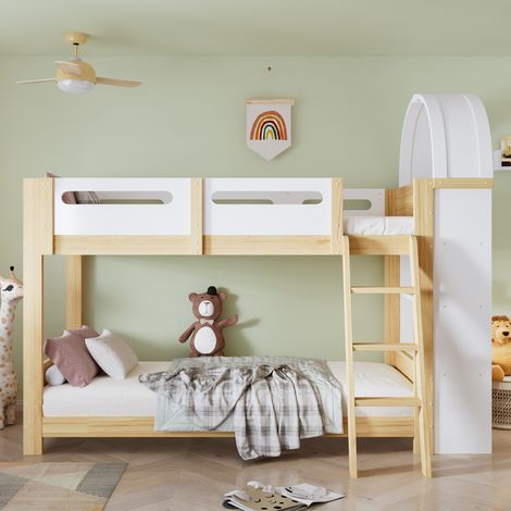 Lit superposé enfants 90×200cm blanc/naturel,pin+MDF+contreplaqué,étagère 3 niveaux,rampe sécurité,escabeau 3 marches,cadre à lattes solide