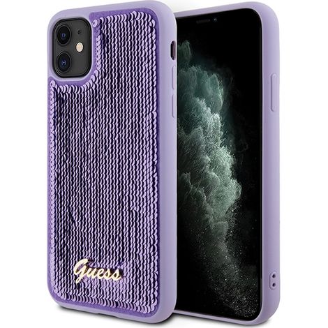 Custodia Guess con scritta in metallo e paillettes, colore viola, per iPhone 11 (1/5)