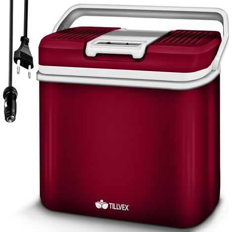 tillvex Frigorifero elettrico Portatile da 24L (Rosso) Mini-frigorifero campeggio da 230V e 12V per auto, camion, barca o camper rinfresca e riscalda modalità ECO
