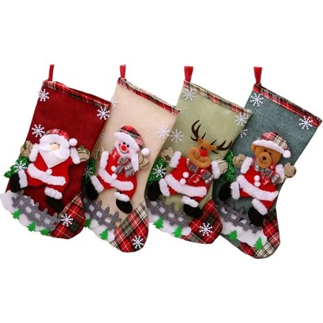 Sac cadeau bas de Noël Père Noël Bonhomme de neige Peluche 3D Support à suspendre pour sapin de Noël Cheminée Porte Décorations de Noël Ornements 4 pièces (1/5)