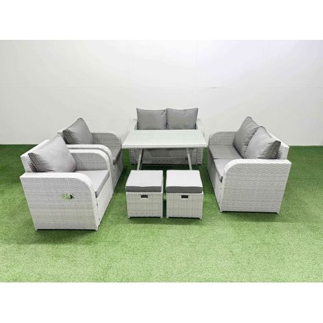 Fimous 8 Seater Rattan Garden Furniture Set Outdoor Love Sofa Set with Rectangular Dining Table 2 Small Footstools Light Grey (1/4)