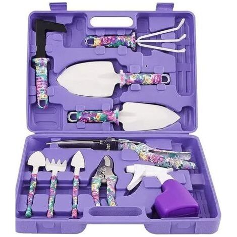 Lot de 10 outils de jardin avec mallette - Poignée antidérapante avec truelle antirouille, râteau, pulvérisateur d'eau
