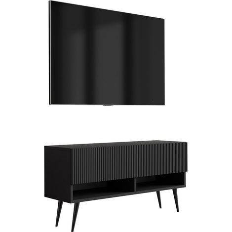 Meuble TV avec façade rainurée, noir mat, pieds inclinés noirs, 100 × 32 × 52 cm (1/5)