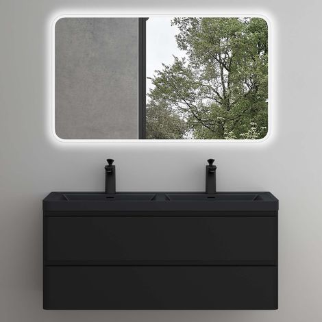Mai & Mai Mobile Bagno Sospeso 120x48x55cm con Lavabo in Marmo fuso e Specchio LED, Mobile da Bagno con 2 Cassetti di Chiusura Soft-close, Mobile sospeso Lavandino Bagno Nero opaco, Lucca (1/5)