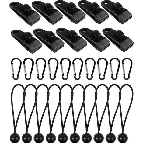 OUYLAF Ensemble 30 Pieces Clip Bache Tente 10 Pinces Verrouillage 10 Cordes Elastiques Nylon 10 Mousquetons Camping Exterieur (1/5)