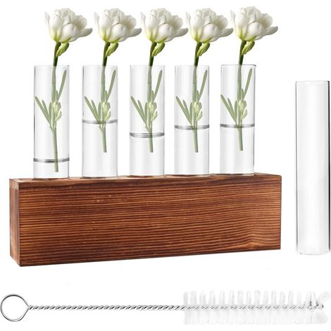 Lot de 6 tubes à essai - Vase à fleurs - Station de propagation des plantes avec brosse de nettoyage - Petits vases avec support en bois - Station de propagation en verre - Plantes (1/5)