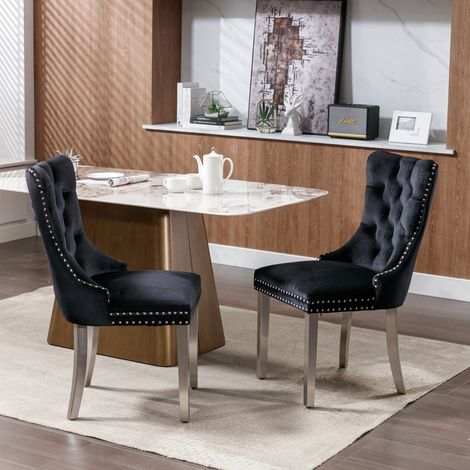 Lot de 2 chaises de salle à manger avec dossier rembourré, pieds en bois, en velours, noir