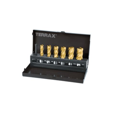 TERRAX by RUKO Kernbohrer-Satz HSS-TiN mit Weldonschaft (3/4") Schnitttiefe 30,0 mm - 7 tlg. (Kassette Stahlblech) - A108820T (1/2)