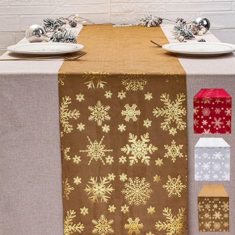 Guirlande De Table Noël - Motif Flocons De Neige - Velours Doré En Polyester - 28 x 275 cm - Pour Décoration De Table De Fêtes