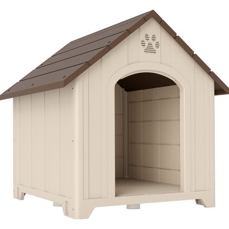 Cuccia per Cani Rialzata 102x94x103 cm con Tetto Inclinato e Prese d'Aria in PP Beige e Marrone Scuro (1/5)