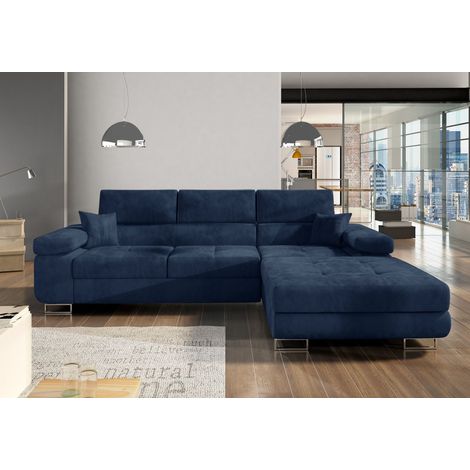 Les Tendances – Canapé convertible d'angle droit velours bleu marine 280 cm – Couchage 125 x 198 cm – Rangement intégré – Structure en bois massif (1/5)