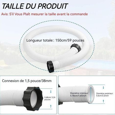 Set mit 2 Ersatzschläuchen mit Muttern, 150 cm lang, Schwimmbadpumpenschlauch, Weiß - Schwimmbadfilterpumpe, 38-mm-Schlauch, Ersatz für Aufstellpoolpumpen (2 Schläuche + 2 Adapter) (1/4)
