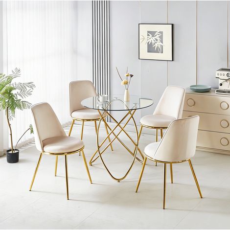 Set da pranzo 5 pezzi con tavolo rotondo in vetro Ø80 cm e 4 sedie, crema HAVRYA (1/5)