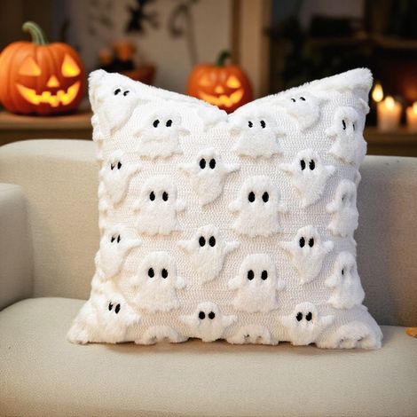 Taies d'oreiller Halloween, douces et moelleuses, idéales pour les canapés, les chambres et les salons, 45 x 45 cm, blanches. (1/5)