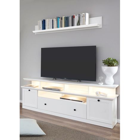 TV Schrank Kombination weiß Landhausstil BERGAMA-19 mit Wandregal und Beleuchtung, B/H/T: ca. 177/196/41 cm (1/5)