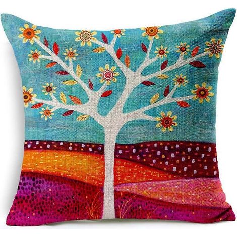 Housse de coussin décorative en coton et lin à motif d'arbres abstraits, 45 x 45 cm (1/3)
