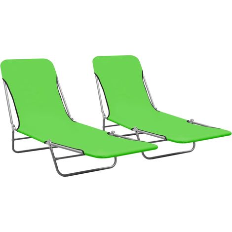 Lot de deux chaises longues transat bain de soleil acier et tissu vert