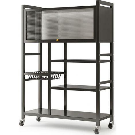 Étagère de rangement de cuisine 5 niveaux noire avec roulettes, porte, panier à légumes et pieds réglables