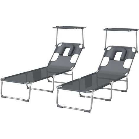 Ensemble de 2 chaises longues pliantes inclinables avec auvent à 360°, ouverture pour le visage, poche latérale et tissu Textilène 550 g/m², gris