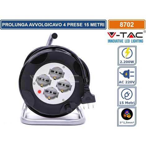 V-TAC Prolunga elettrica avvolgicavo 15M - 4 posti bipasso/schuko 10/16A presa tedesca con spina standard italiano protezione elettrica - sku 8702