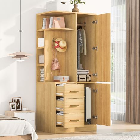Ein-türiger Kleiderschrank mit Schubladen und offenen Regalen, 70x50x170 cm, schmaler Garderobenschrank für kleine Räume, Naturholzfarbe (1/5)