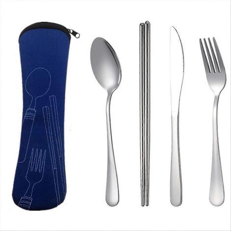 4-teiliges tragbares Besteckset: Löffel, Gabel und Steakmesser, dunkelblau (1/5)